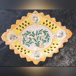 Decorative Italian Ceramic Lattice Serving Dish in Yellow and Orange